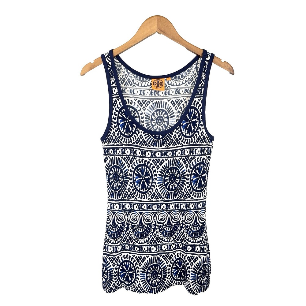 Tory Burch Womens Geometric Print Tunic Tank Top XS Resort Coastal Mediterranean